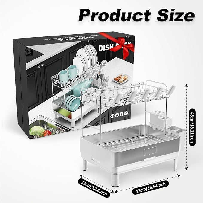 Ewaiira Dish Drying Rack, 2 Tier Large Dish Rack, Stainless Steel Dish Drainer