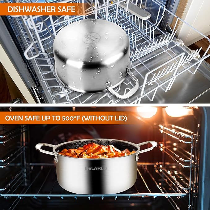 DELARLO Tri-Ply Stainless Steel Stock Pot, 5QT Non Stick Pots, Induction Ready