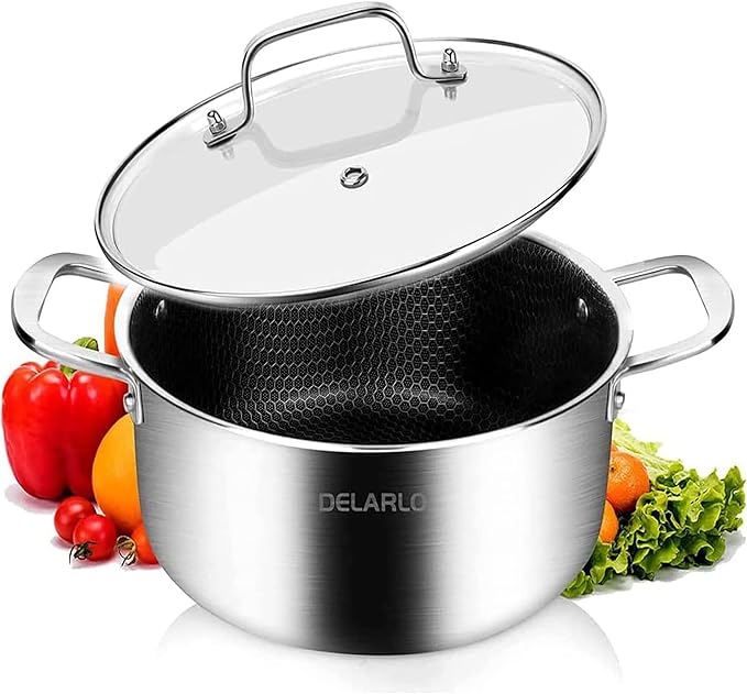 DELARLO Tri-Ply Stainless Steel Stock Pot, 5QT Non Stick Pots, Induction Ready