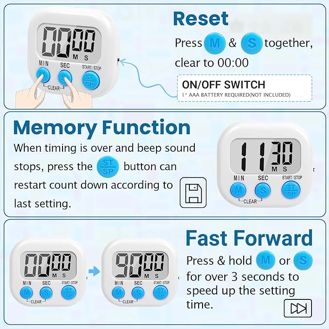 12 Pack Multi-Function Digital Timers, Magnetic Large LCD Display Loud Alarm