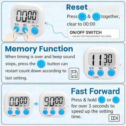 12 Pack Multi-Function Digital Timers, Magnetic Large LCD Display Loud Alarm