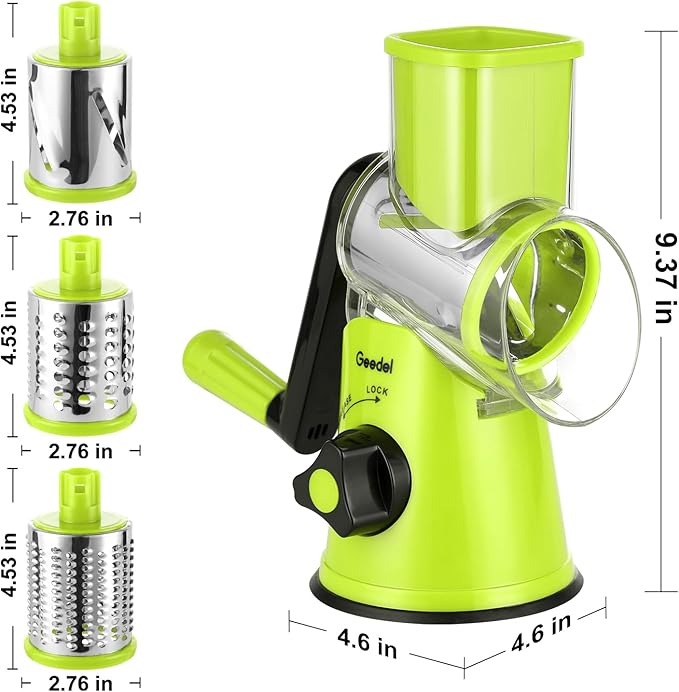 Geedel Rotary Cheese Grater, Kitchen Mandoline Vegetable Slicer with 3 Interchangeable Blades, Easy to Clean Rotary Grater Slicer for Fruit, Vegetables, Nuts