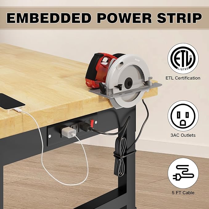 60" Adjustable Height Workbench, Heavy-Duty Work Bench Table with Locking Wheels, Portable Chipboard Work Table with Drawer & Power Outlets, for Repair Shop, Garage, Workshop, Office
