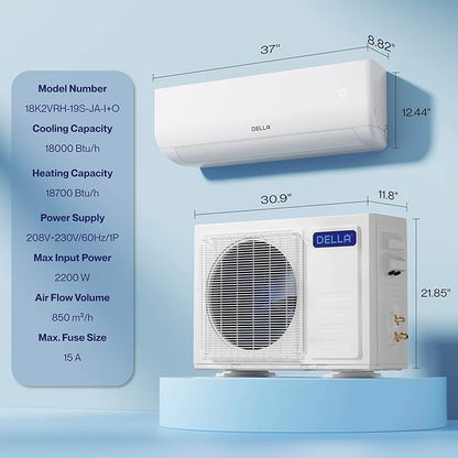 DELLA Motto Series 18000 BTU 19 SEER2 230V Mini Split AC, Cools Up to 1000 Sq.Ft
