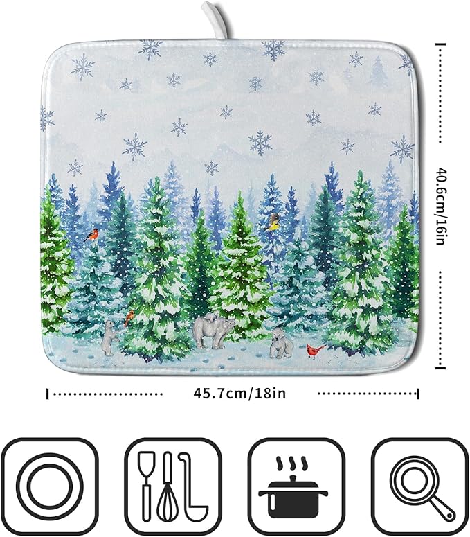 Watercolor Winter Dish Drying Pad Forest Kitchen Mat