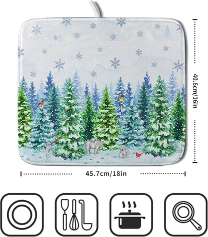 Watercolor Winter Dish Drying Pad Forest Kitchen Mat