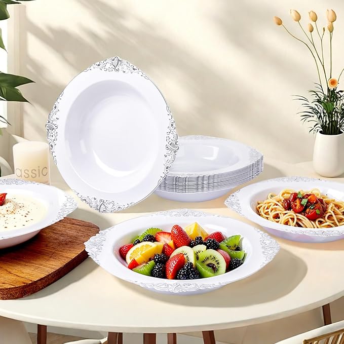 100PCS Silver Plastic Bowls - 12 oz Silver Disposable Salad Bowls - Heavy Duty Disposable Soup Bowl - Fancy Plastic Ice Cream Bowl for Weddings Parties Dinners Picnics