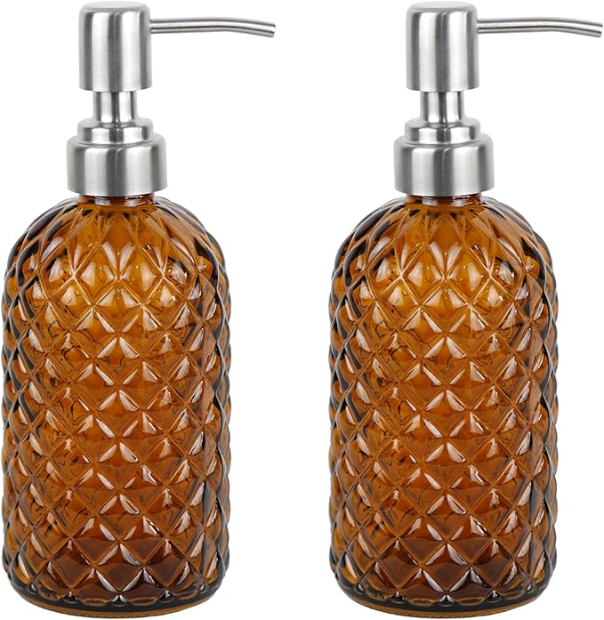 16 oz Diamond Pattern Glass Soap Dispenser, Kitchen and Bathroom Refillable