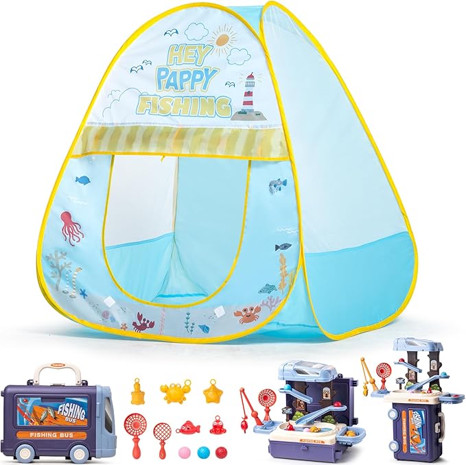 Kids Play Tent, Pop Up Play Tent Fishing Shop Theme with Complete Toy Set, Play Toys Play Set for Kids Indoor Outdoor Pretend Play