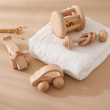 Wooden Baby Rattle Set - Montessori Grip Toy for Newborns, Natural Wood Gift Set of 3