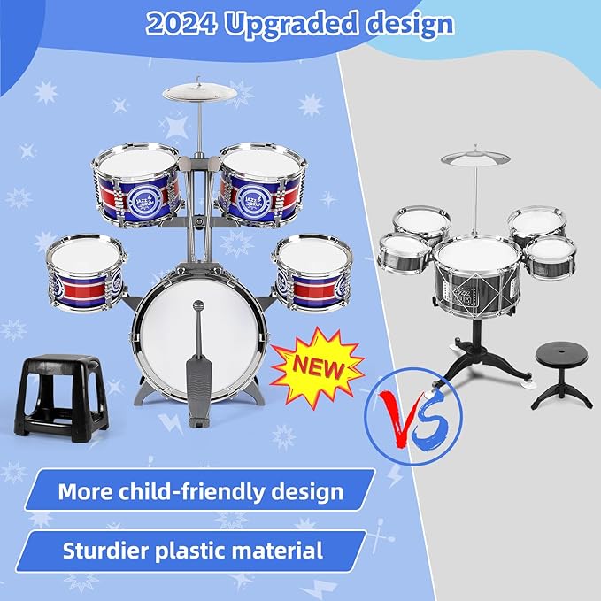 Kids Drum Set, Drum Set for Toddlers with Stool Upgraded Plastic Rock Jazz Drum Kit Musical Instruments Toys Gifts for 1 3 5 7 9 12 Years Boys Girls