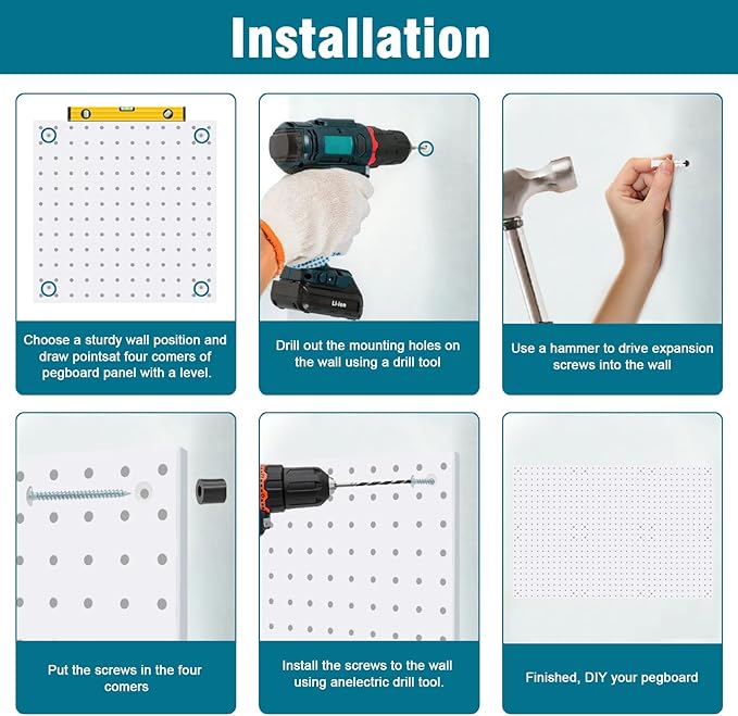 6 Pack Steel Peg Board,Universal 1/8 and 1/4 Pegboard Accessories,Ideal for Garage Tool Storage, Office Organization, Craft Room, Kitchen etc. (White, 6-12X12)