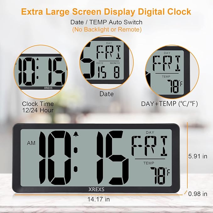 XREXS Large Digital Wall Clock, Battery Operated Alarm Clocks