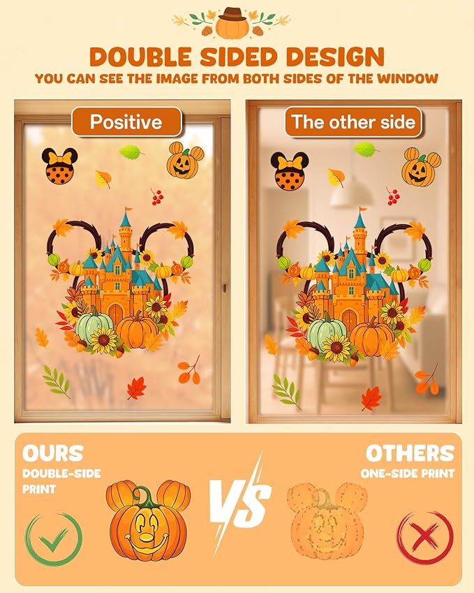 Fall Window Clings - 9 Sheets 149 Pcs Fall Decorations for Autumn Thanksgiving Harvest Home Party, Pumpkin Leaves Car Maple Castle Acorns Stickers for Glass, Double-Sided Static Window Decals