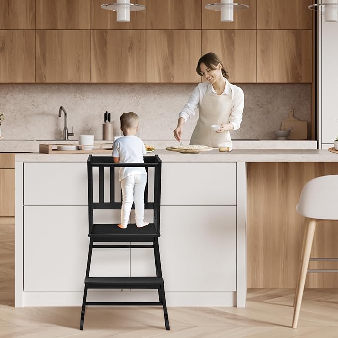 COSYLAND Kids Kitchen Step Stool Helper - Wooden Standing Tower for Kids with Anti-Tip Support Legs - Mothers' Helper Kids Learning Stool for Kitchen Counter (Black)