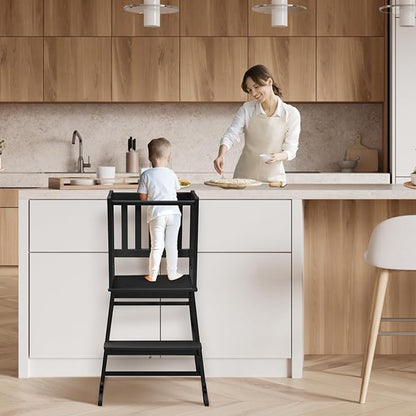COSYLAND Kids Kitchen Step Stool Helper - Wooden Standing Tower for Kids with Anti-Tip Support Legs - Mothers' Helper Kids Learning Stool for Kitchen Counter (Black)