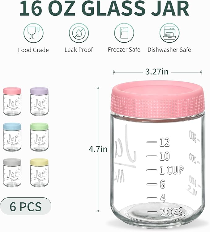 6-Pack 16oz Overnight Oats Containers with Airtight Lids - Glass Mason Jars with Measurement Marks for Yogurt, Meal Prep & Chia Pudding, Stackable & Leakproof