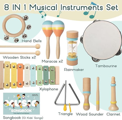 Baby Musical Instruments - Wooden Montessori Toys for Toddlers 1-3,Modern Boho Xylophone Includes Songbook with 13 Kids' Songs,Neutral Colors Wooden Percussion Instruments Set