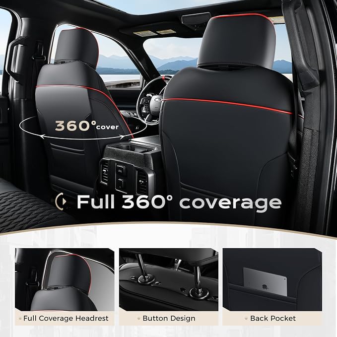 Coverado Full Set Leather Car Seat Covers for F150,Waterproof Automotive Seat Covers for Cars,SUVs,Pickup Trucks,Compatible with 2015-2026 F150 SuperCrew,2017-2026 F250 F350 F450 Crew Cab, Black/Red