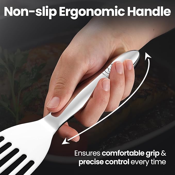 Stainless Steel Fish Spatula Set – 1 Large Fish Turner + 1 Small Metal Spatula, Ultra Thin Edge for Easy Turning & Flipping, Metal Kitchen Untensils with Ergonomic Non-Slip Handle, Dishwasher Safe