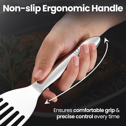 Stainless Steel Fish Spatula Set – 1 Large Fish Turner + 1 Small Metal Spatula, Ultra Thin Edge for Easy Turning & Flipping, Metal Kitchen Untensils with Ergonomic Non-Slip Handle, Dishwasher Safe
