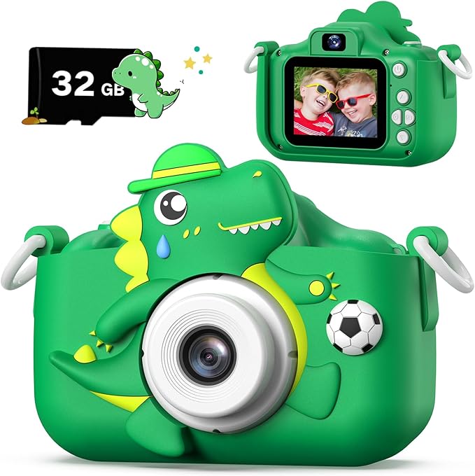 Dinosaur Kids Camera for Boys Girls, Toddler Digital Selfie Camera with Cute Protective Cover and 32G SD Card, Christmas Birthday Gifts Toys for 3 4 5 6 7 8 9 10 11 12 Years Old Little Girls and Boys