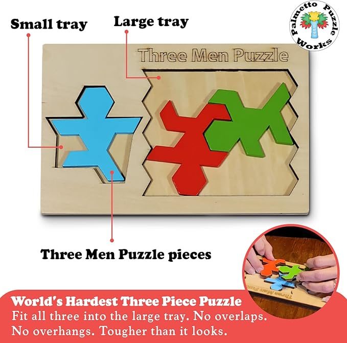 Palmetto Puzzle Works Three Men Puzzle – Wooden Puzzles for Teen' & Adults, Educational Games for Families & Unique Gift Ideas for Classroom Games, Shape and Pattern Brain Teaser Puzzles for Ages 14+