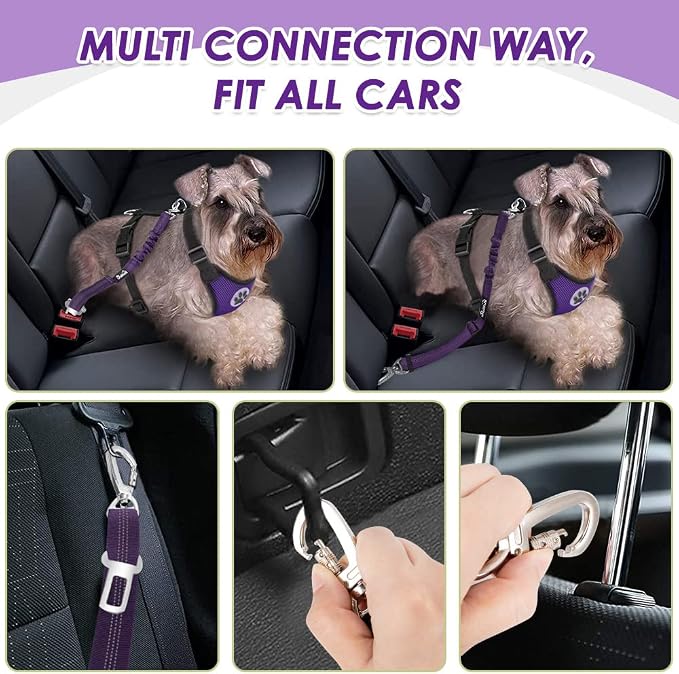 Lukovee Dog Car Harness Seat Belt, Adjustable Mesh Breathable Vest with Elastic Bungee Tether, Soft Padded 2-in-1 Safety Car Harness Seatbelt for Small Medium Large Dogs (Purple,S)