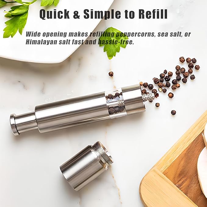 Salt and Pepper Grinder Set, Pump & Grind Peppermill, 2 Refillable Stainless