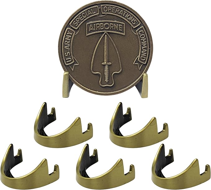 Military Challenge Coin Display Stand - Solid Metal with Anodized Finish - US Vet. Business (Antique Brass Five-Pack)