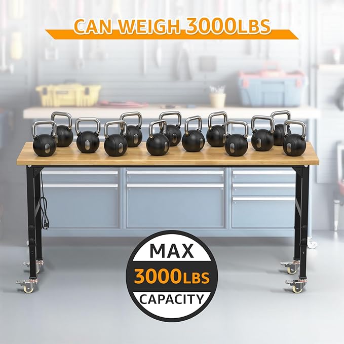 70" Adjustable Workbench,Heavy-Duty Work Table,3000 LBS Load Capacity Hardwood Workstation Outlets with Power Strips, Drawers and Wheels,for Workshop, Garage