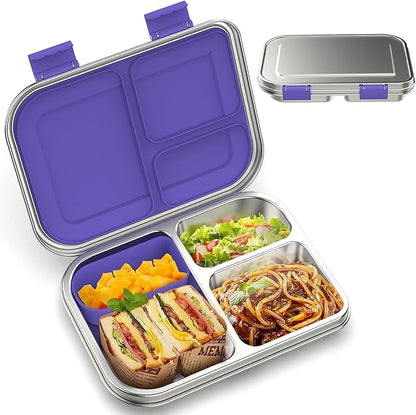 Stainless Steel Kids Leak-Resistant Bento Lunch Box, 3-Compartments with Silicone Container, Dishwasher-Safe, Child-Friendly Design for School, Picnics & Travel,BPA-Free(Purple)