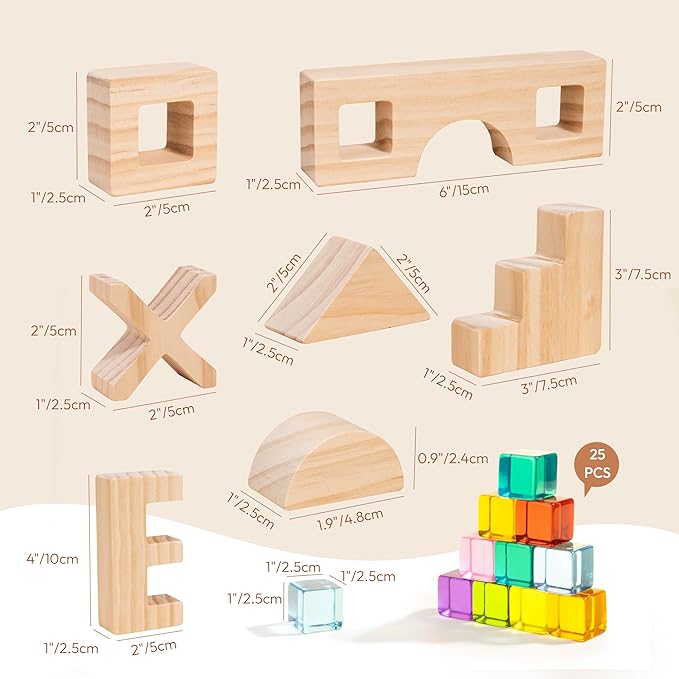 Woodtoe Wooden Rainbow Building Blocks Set for Kids, 22 PCS Wooden Blocks & 25 PCS Gem Cubes Stacking Blocks, Montessori Stacking Toys for Toddlers, Educational STEM Easter Toys for Boys Girls 3-6