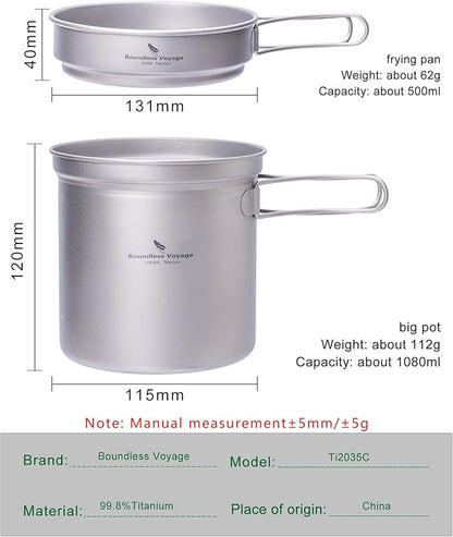iBasingo Titanium Pot Pan Set with Folding Handle - Ultralight Portable Outdoor Cookware Mess Kit for Camping, Picnic, Travel & Backpacking (1080ml Soup Pot, 900ml Cup, 500ml Frying Pan)