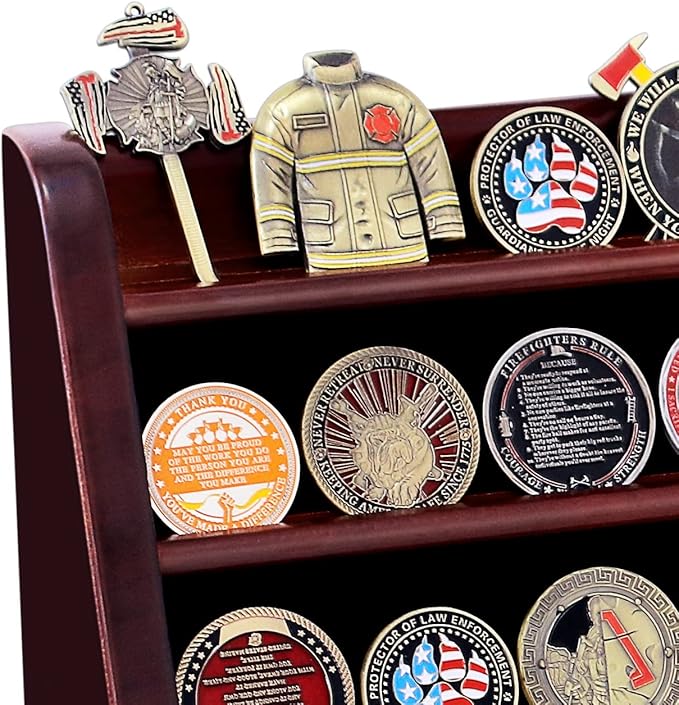 4 Rows Military Wooden Challenge Coin Display Case - Wall Mountable Army Holder Stand Rack, Holds 32 Coins, Mahogany