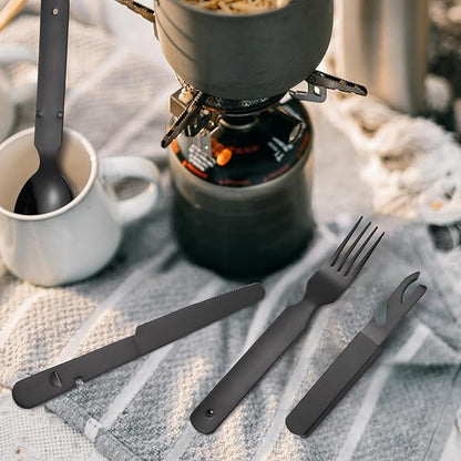 Portable Silverware Black Flatware Camping Cutlery Stainless Steel Spoon Fork Knife and Bottle Opener 4 Pieces Utensil Outdoor Travel Foldable Easy to Clean