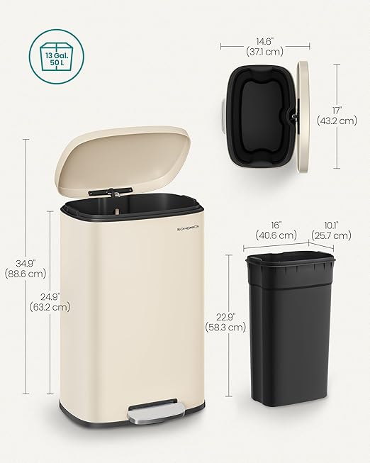 SONGMICS 13 Gallon Trash Can, Stainless Steel Kitchen Garbage Can, Recycling or