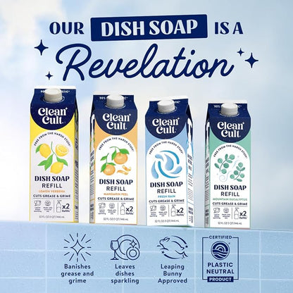 Cleancult Dish Soap Liquid Refill (32oz, 1 Pack) - Plant Based Cleaning Power - Dish Soap that Cuts Grease & Grime - Free of Harsh Chemicals - Uses 90% Less Plastic - Mountain Eucalyptus