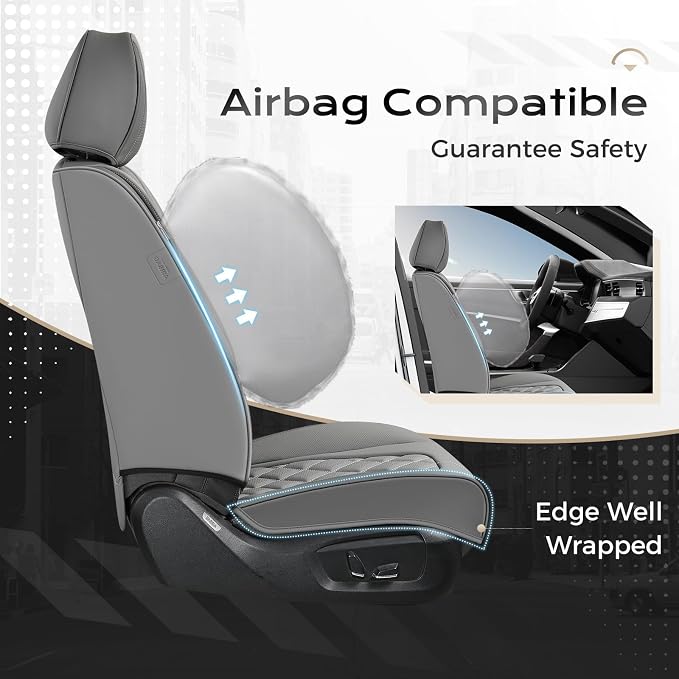 Coverado Car Seat Covers Front Seats and Back, Leather Seat Cover for Cars, Waterproof Seat Covers Full Set Universal Seat Covers Seats Protectors Car Seat Cushion Fit for Most Car - Gray