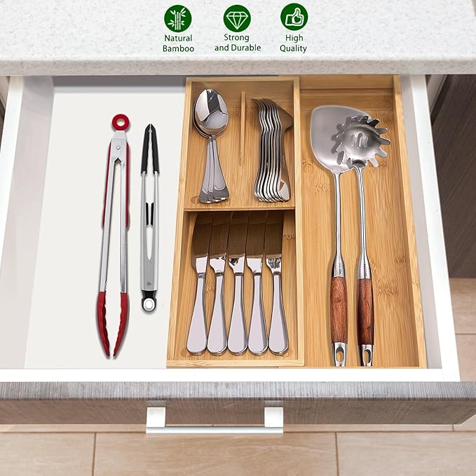 Bamboo Kitchen Drawer Organizer, Silverware Organizer Expandable Utensil Holder with Removable Knife Block, Cutlery Tray with Drawer Dividers for Kitchen Utensils and Flatware