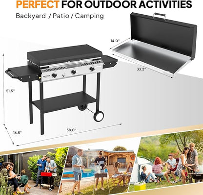 ROVSUN 3 Burner Outdoor Propane Gas Stove with Griddle, Ignition & Side Shelves, 225,000 BTU Powerful Gas Stove Outdoor Cooker for Backyard Patio Cooking Home Camping Grilling Canning Turkey Frying