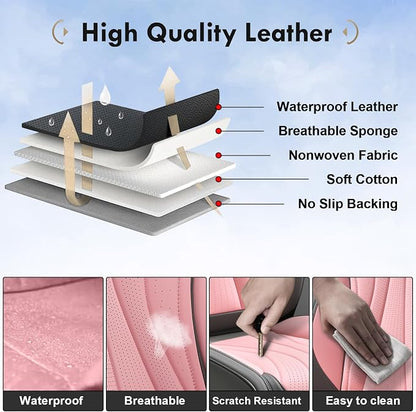 Coverado Seat Covers Full Set, Leather Car Seat Covers, Waterproof Seat Covers for Cars, Front and Back Seat Covers, Car Seat Protectors Car Seat Cushions Universal Fit for Most Cars, Gray&Pink
