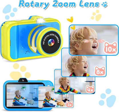 Kids Camera with Rotating Zoom Lens, 3.5” Large Screen, 1080P Kids Digital Camera with Flash,Selfie, 32GB Card, Toddler Toy Camera Christmas Birthday Gifts for Boys Girls 3-12 Years Old-Blue