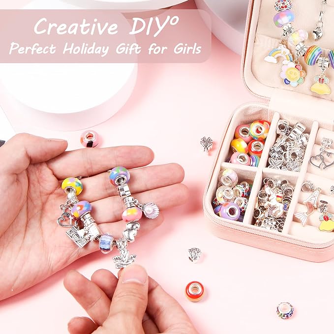 UFU Charm Bracelet Making Kit Girls Beads for Jewelry Making Kit, Unicorns Arts Crafts Gifts Set for Teen Girls Age 5 6 7 8-12, with a Portable Bracelet Organizer Box