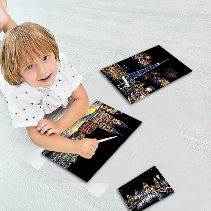 Georgie Porgy Scratch Paper Art A4 Set for Kids Adults Magic Rainbow Scratch Postcards Boards for DIY Arts and Crafts Kits Christmas Birthday Gift with Scratching Tools Kit (Beauty+Fireworks City)