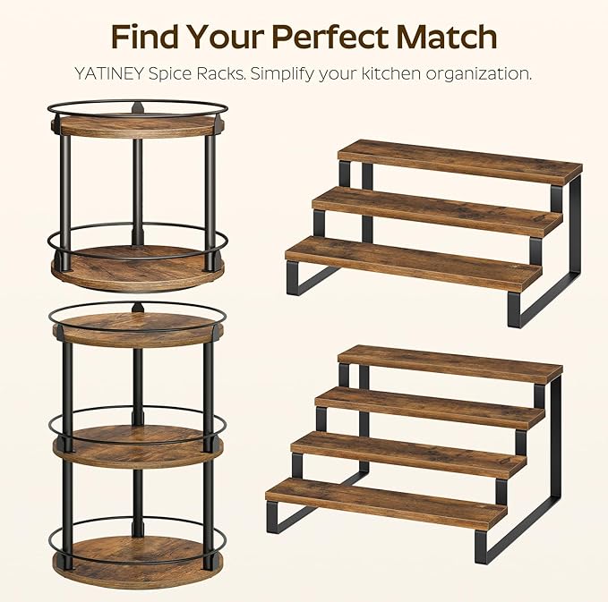 YATINEY Spice Rack, 4 Tier Wooden Display Riser Stand, Kitchen Storage Organizer