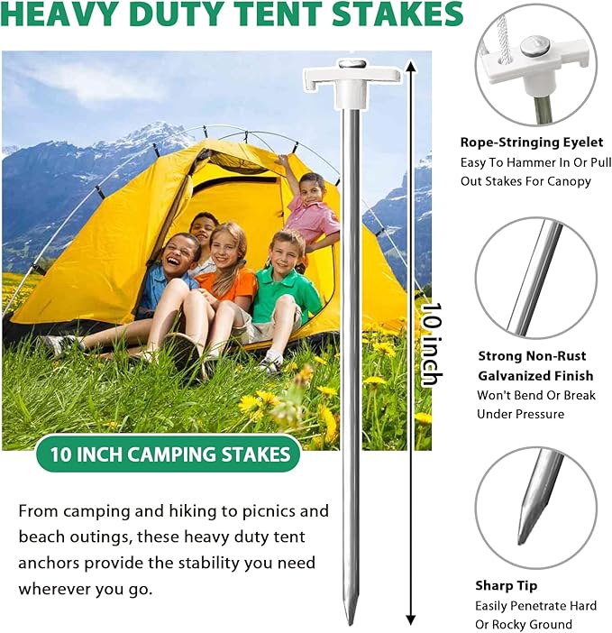 Eurmax USA Galvanized Non-Rust Camping Family Tent Pop Up Tent Stakes Canopy Anchors Heavy Duty 10pc-Pack, with 4x10ft Ropes & 1 White Stopper