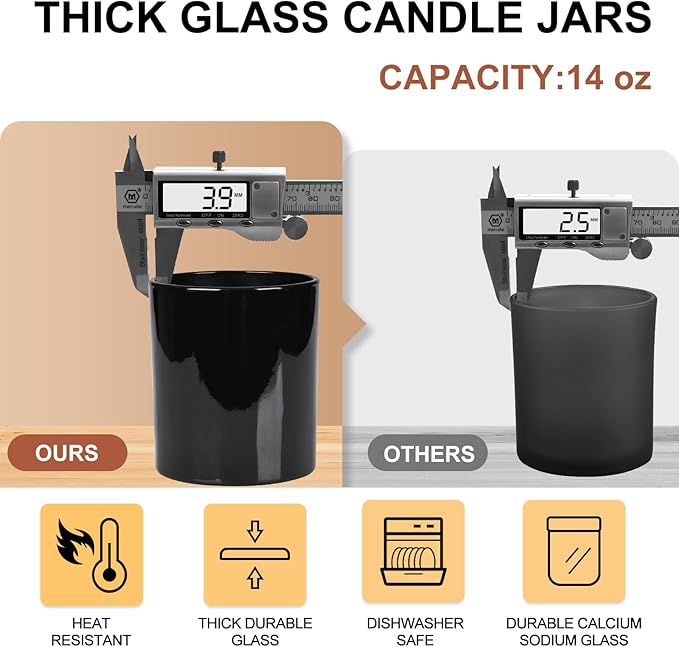 Thick Candle Jars for Making Candles 12 Pcs, 14 OZ Empty Jars with Wood Lids for Candle Making, Sample Container, Light Black