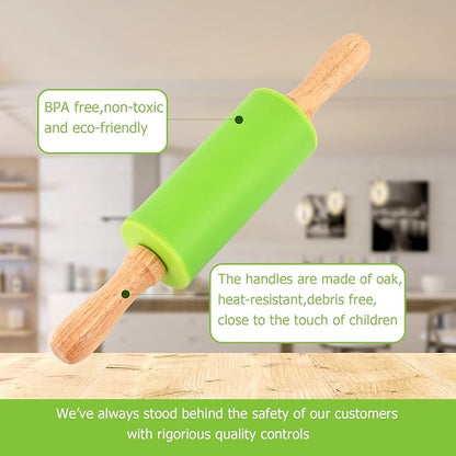 Mini Silicone Rolling Pin for Kids, Non-stick Surface Wood Handle, 9 Inch 1