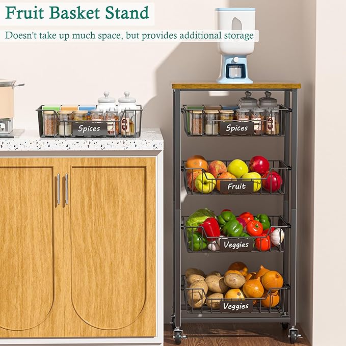 Kitchen Storage Cart with Wheels, 5-Tier Metal Utility Rolling Cart Fruit